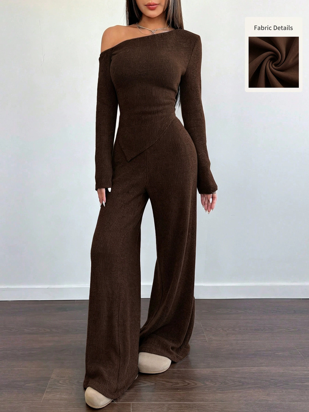 ZARA Off Shoulder Knit Set Asymmetric Waist Top High Waist Straight Wide Leg